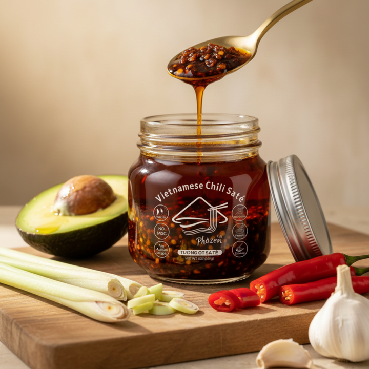 Jar of Phozen Vietnamese chili sate made with organic avocado oil, styled with a fresh avocado, lemongrass, garlic and red chilies