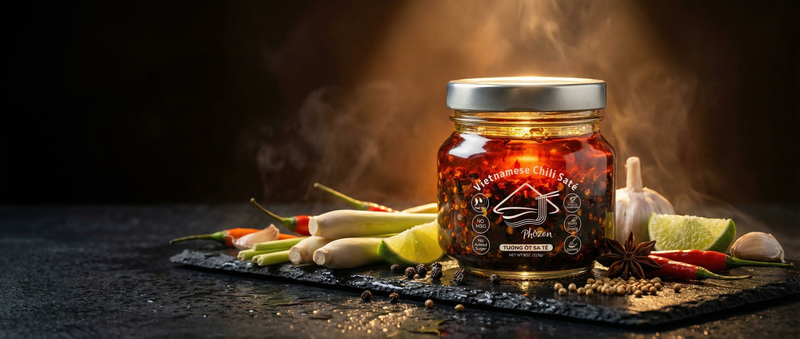 A glass jar of Phởzen Vietnamese Chili Sate with star anise, garlic, lime, lemongrass and red chilies on a dark slate surface.
