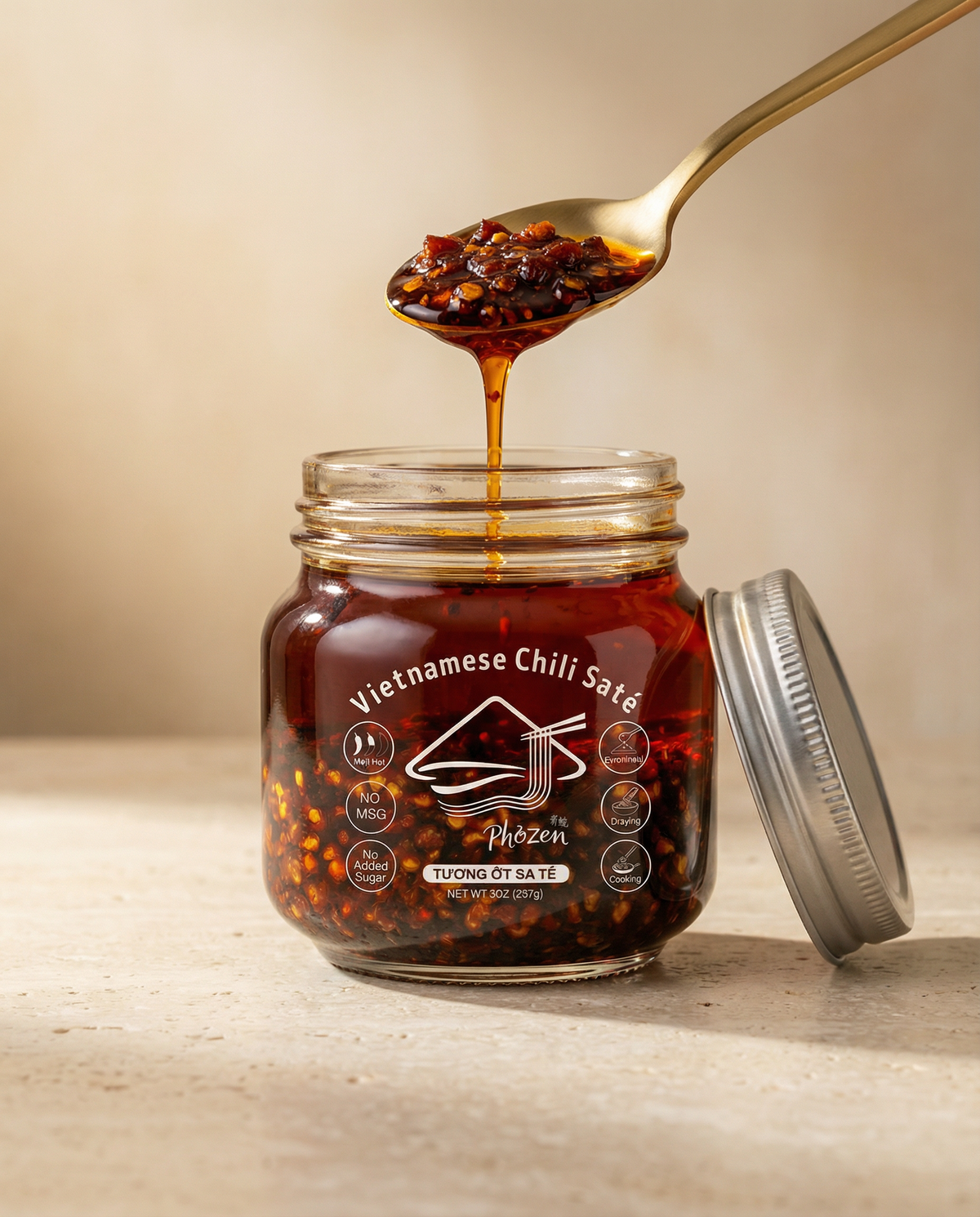 Spoonful of smooth Phozen Vietnamese chili sate lifted from the jar