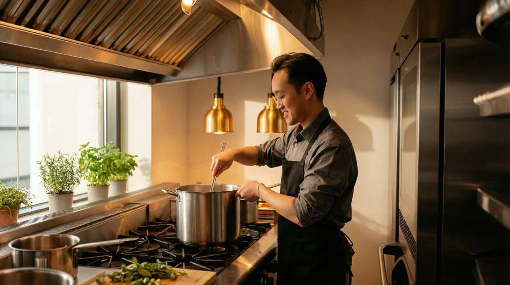 Man cooking in a modern kitchen with stainless steel appliances and natural light.