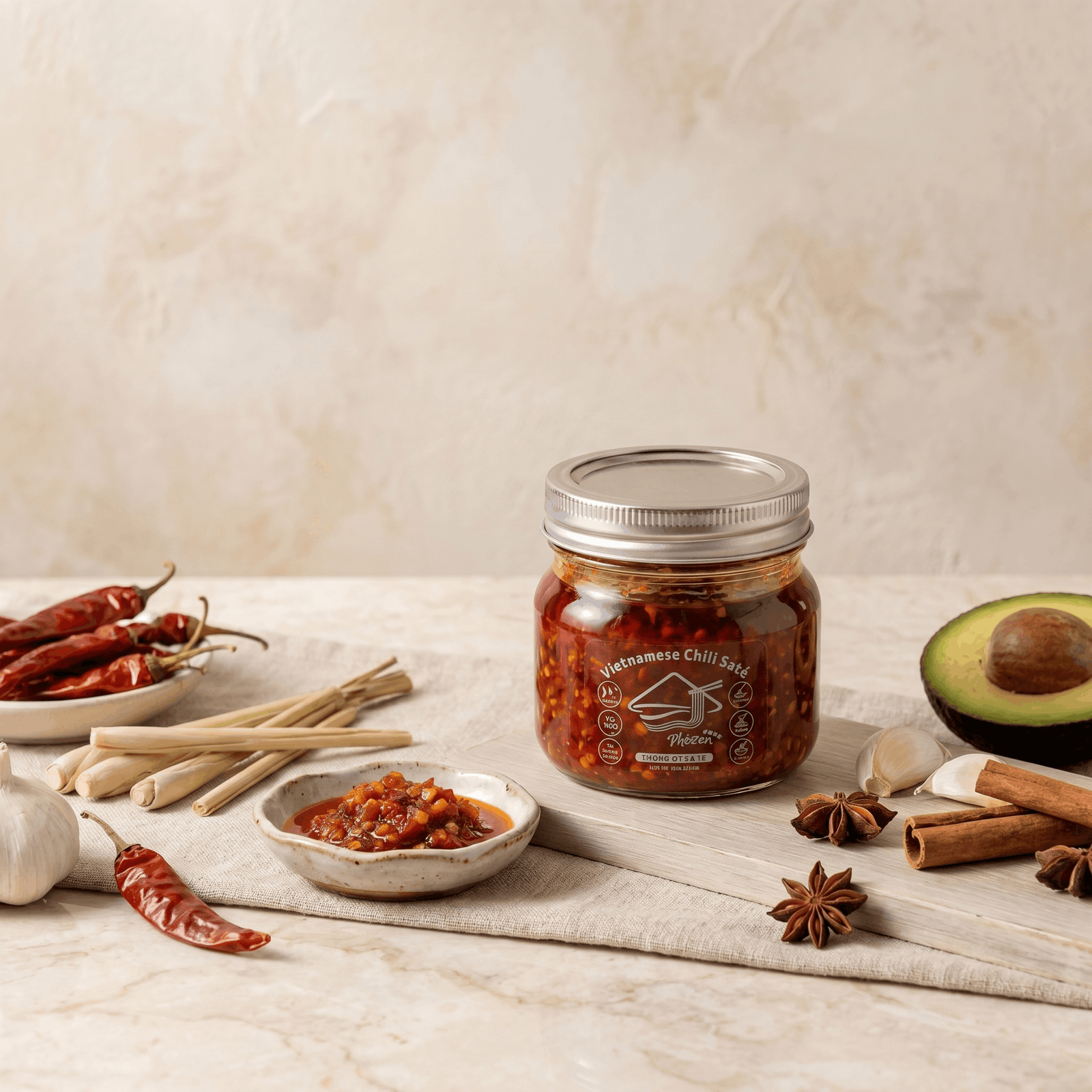 Jar of phozen chili sate with ingredients on a wooden surface
