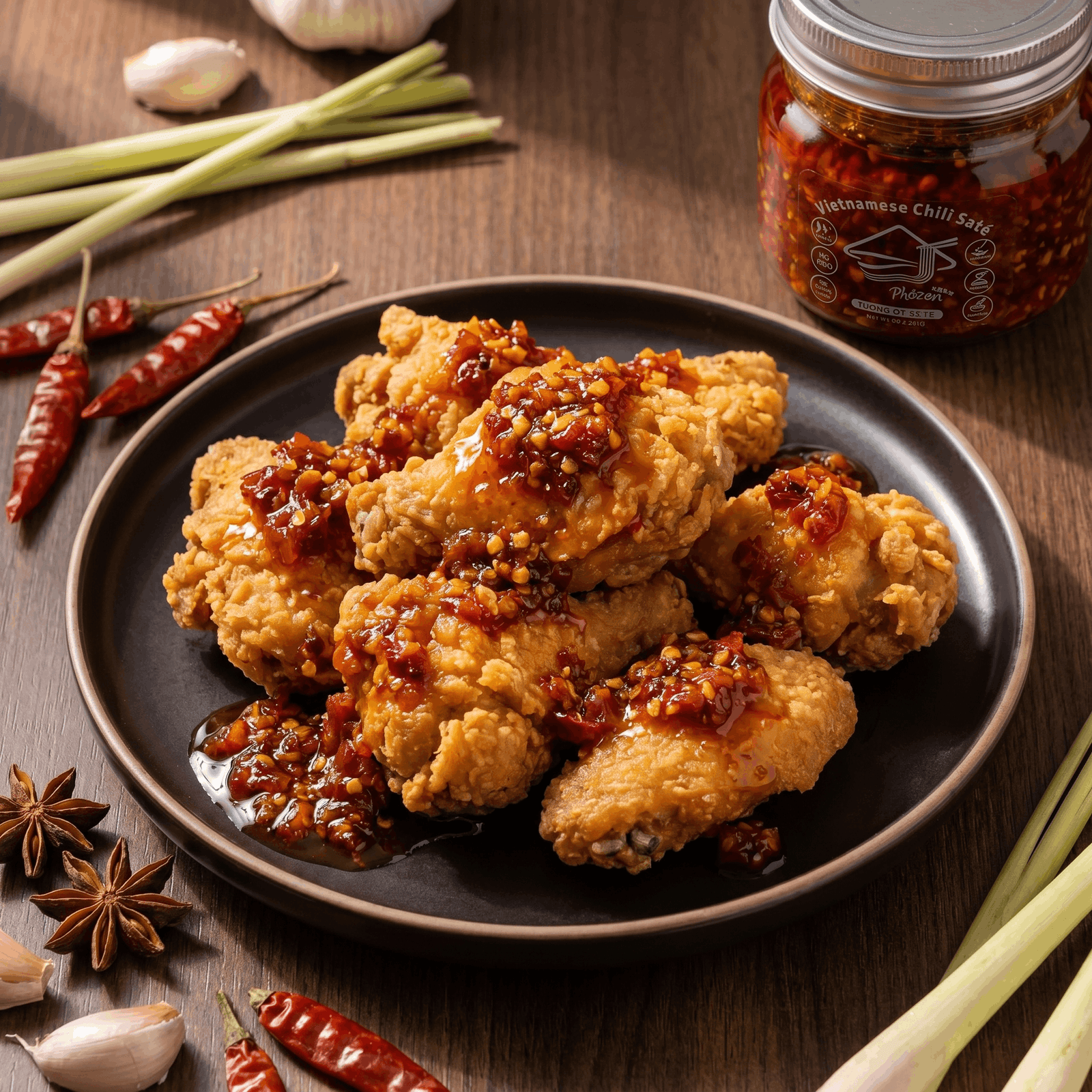Fried chicken with pineapple on a wooden board with spices and fruit