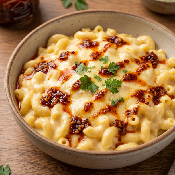 Macaroni and cheese with Vietnamese Chili Sauce in a bowl on a wooden table