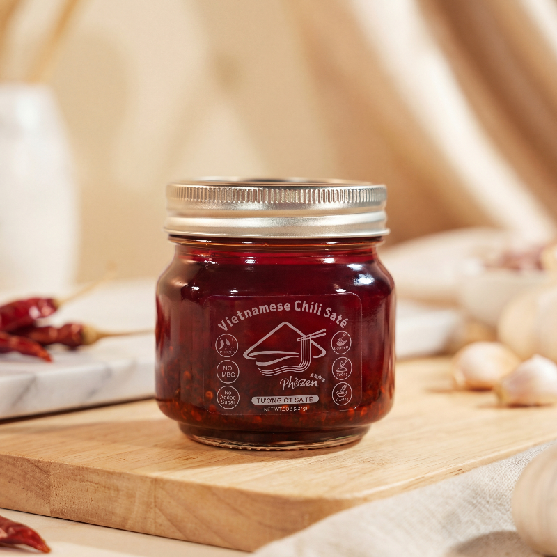Jar of Vietnamese chili sauce on a wooden cutting board with ingredients in the background