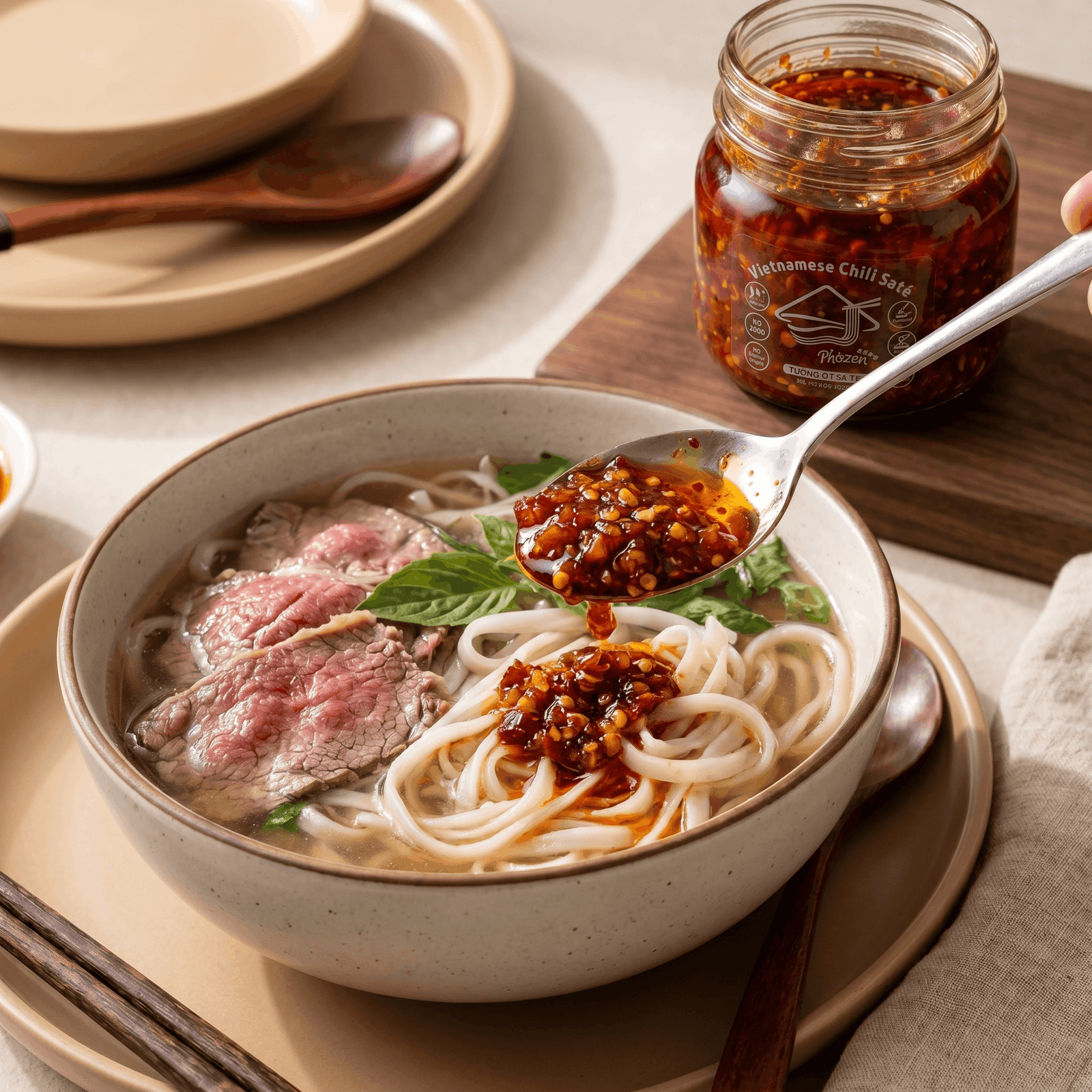 Bowl of noodles with a spoonful of red sauce on a wooden table with spices and a bottle.