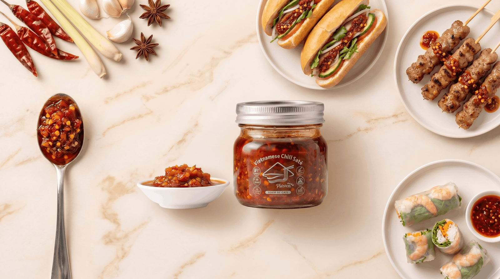 Jar of chili sate with spoonfuls on a marble surface, surrounded by food items.