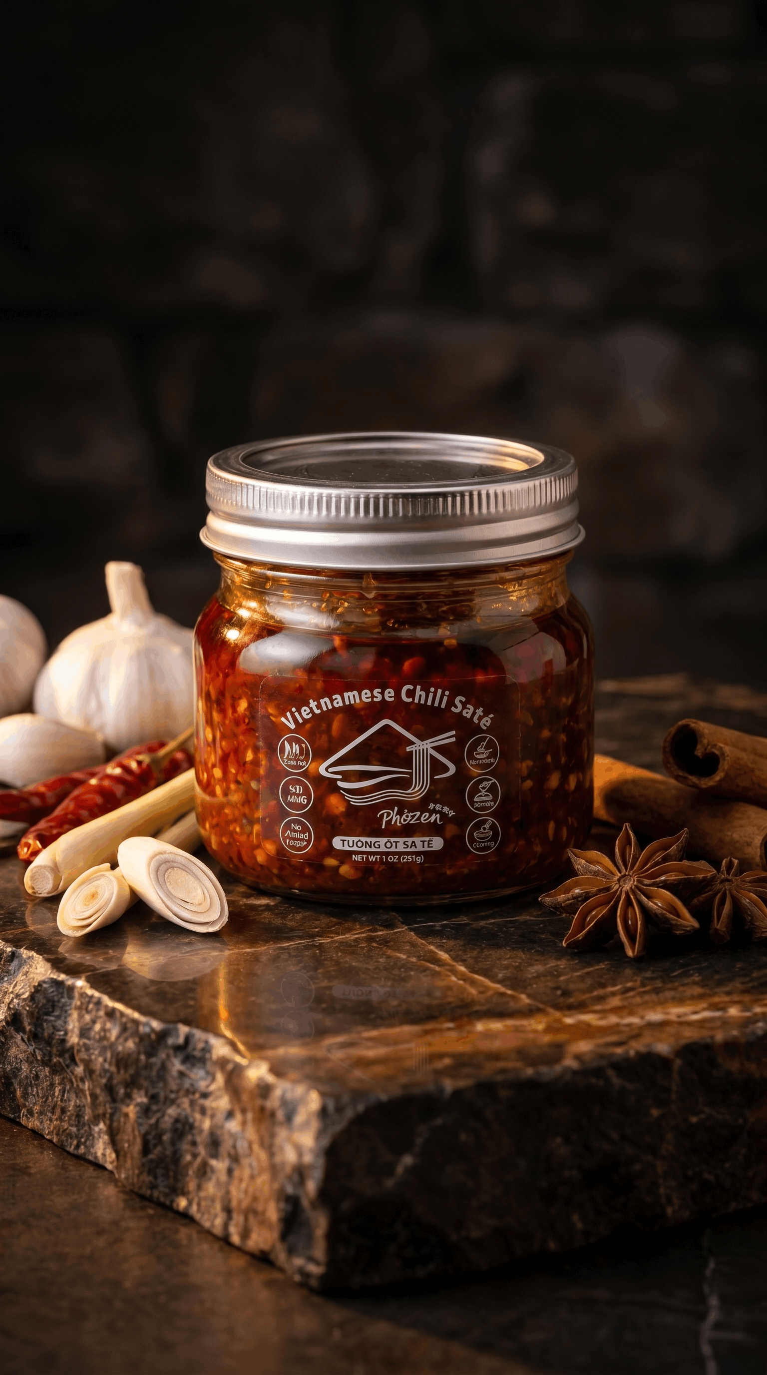 Jar of Vietnamese chili sauce on a dark surface with spices and garlic.
