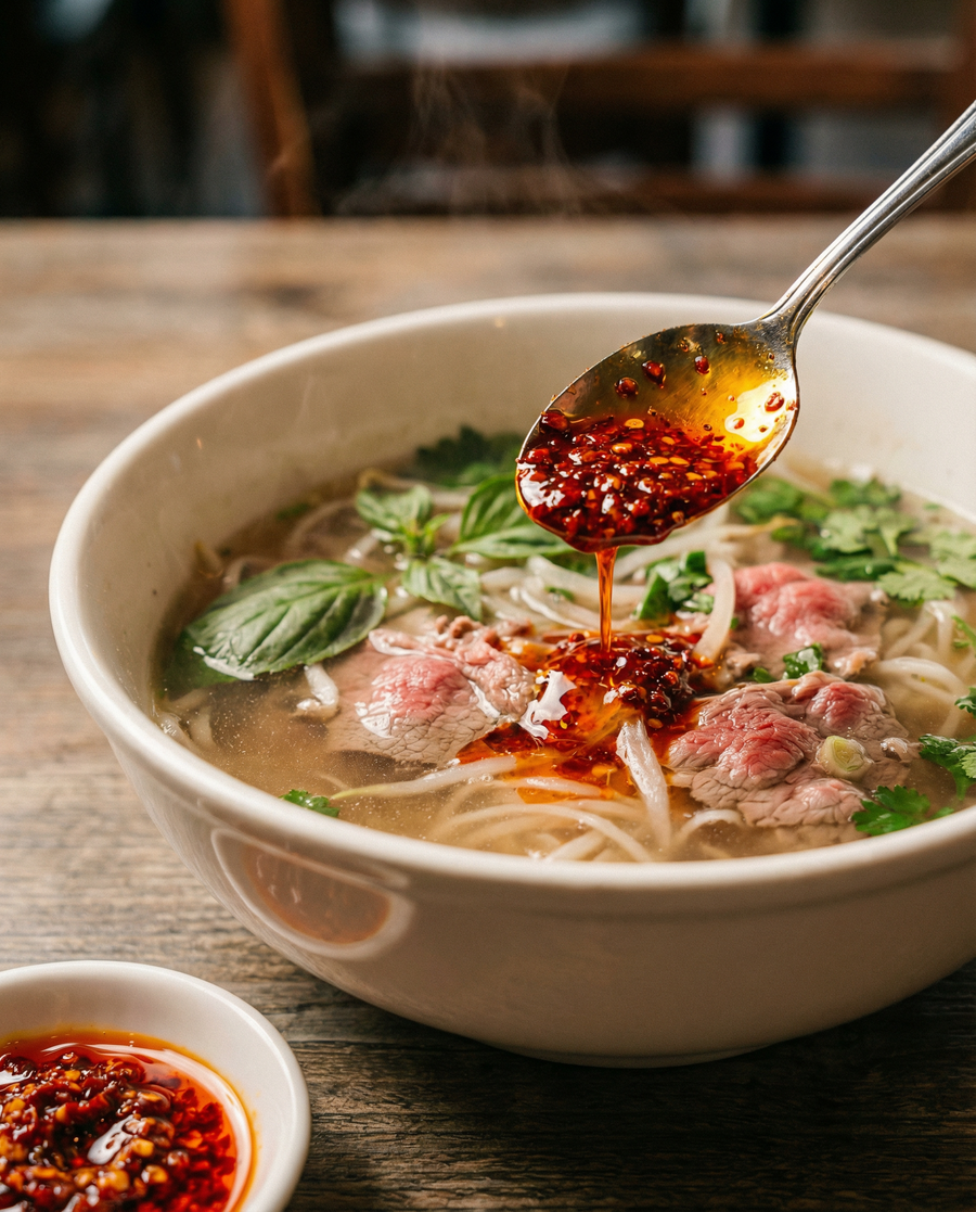 Bowl of noodles with meat and herbs, topped with a drizzle of red sauce, on a wooden table.