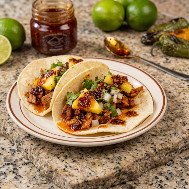 Two tacos with pineapple and cilantro on a plate, surrounded by limes and a jar of phozen Chili Sauce.