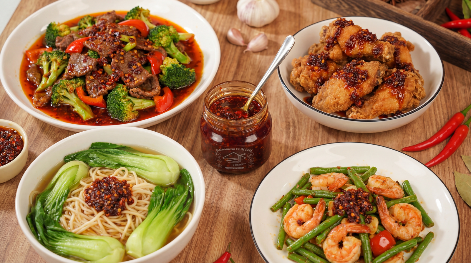 Assorted Chinese dishes including beef with broccoli, fried chicken, noodles with greens, and shrimp with green beans on a wooden table.