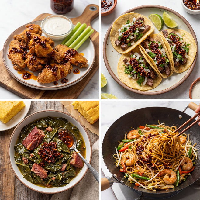 Collage of four food images: fried chicken, tacos, collard greens with sausage, and noodles with shrimp.