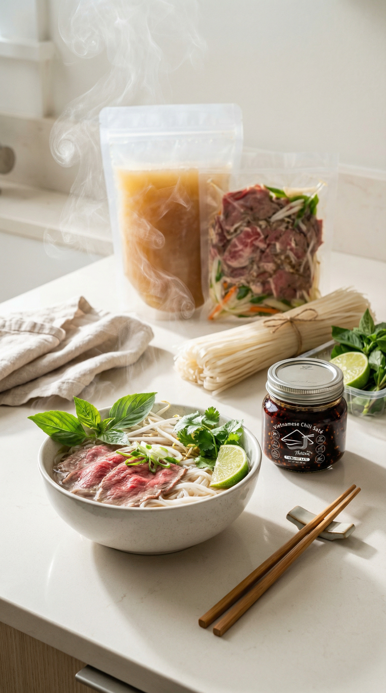 A complete Phởzen Phở Home Kit display featuring a steaming bowl of beef phở, a jar of Vietnamese Chili Saté, and vacuum-sealed broth and fresh ingredients on a kitchen counter.