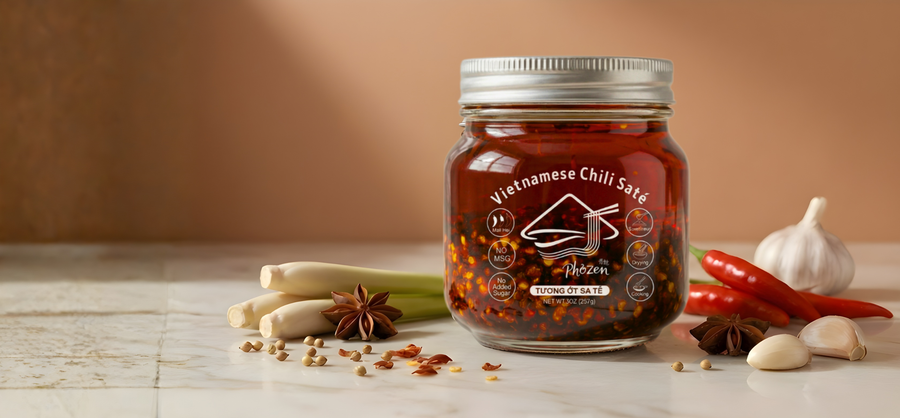 A jar of Phởzen Vietnamese Chili Sate (Tương Ớt Sa Tế) on a marble surface, surrounded by fresh ingredients like lemongrass, star anise, garlic cloves, and red chili peppers.