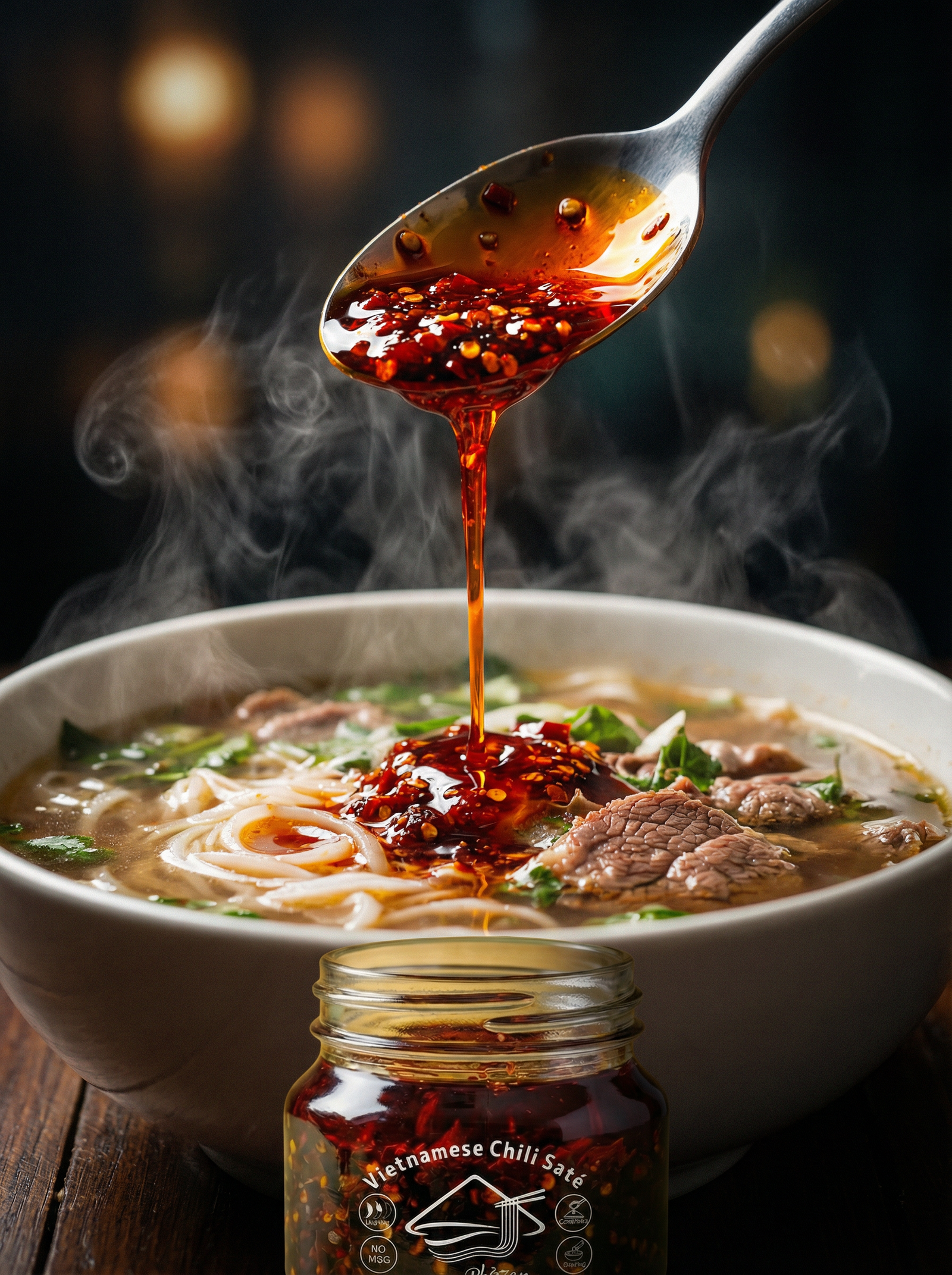 A silver spoon drizzling vibrant Phởzen Vietnamese Chili Saté into a steaming bowl of beef phở, with a jar of the saté in the foreground on a wooden table.