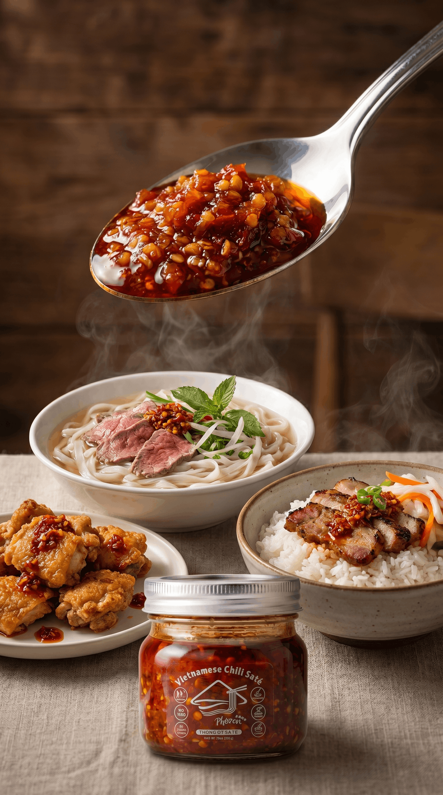 Spoonful of chili sate over a bowl of noodles with meat and vegetables, accompanied by fried chicken and rice on a wooden surface.