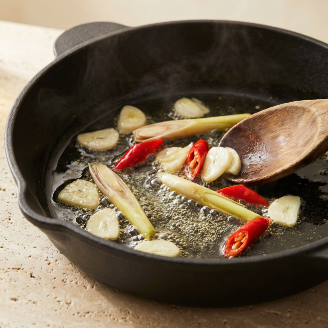 Fresh lemongrass, sliced garlic, and red Thai chilies simmering in oil in a black cast iron skillet with a wooden spoon, representing the small-batch artisanal cooking process of Phởzen sate.