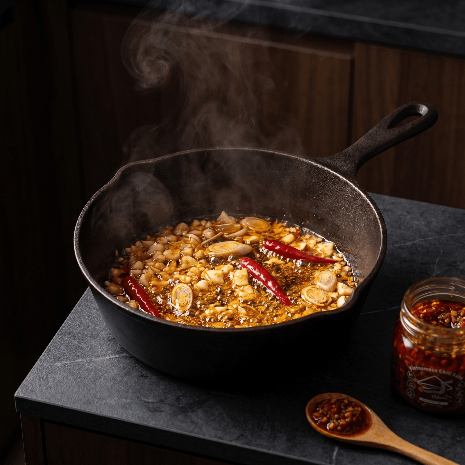 Stir-frying ingredients in a cast iron skillet with steam rising, on a dark surface.